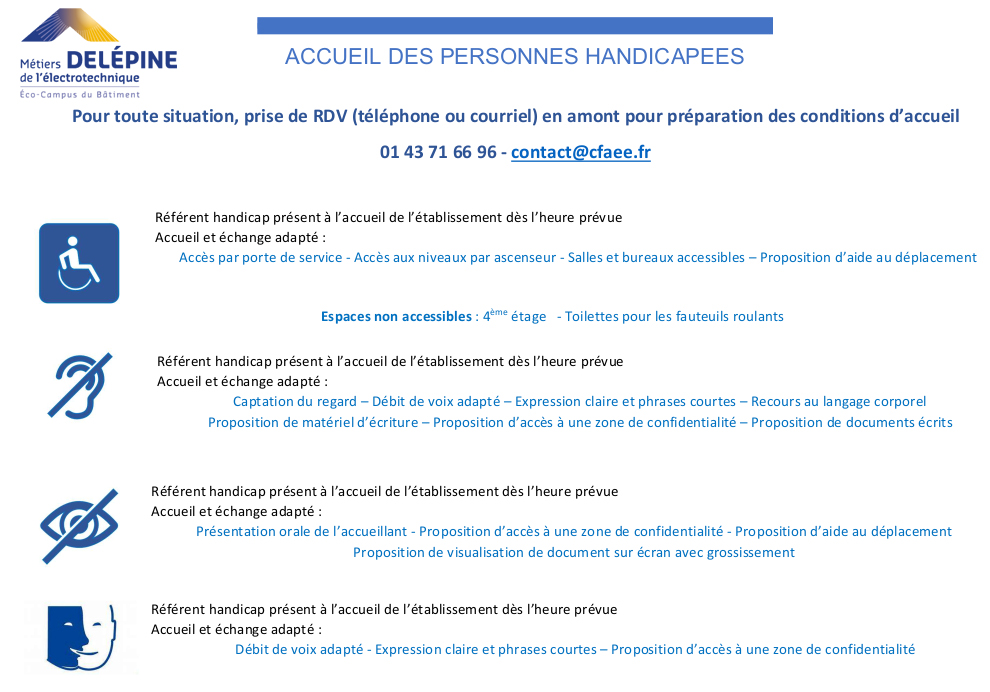Fiche présentant les diverses modalités d'acceuil au CFA selon les divers types de handicap.