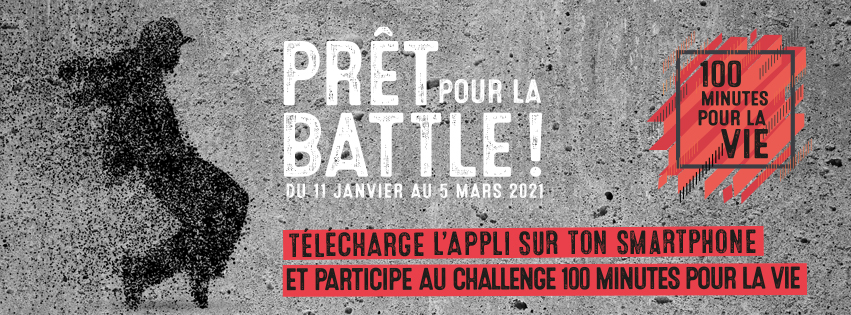 Bannière du concours 100 minutes pour la vie représentant une jeune silhouette féminine sur fond gris.