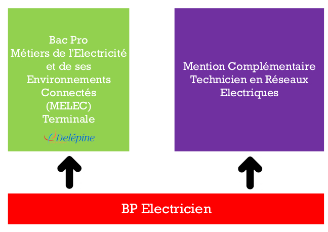 Graphique présentant les poursuites d'étude possibles après un BP Electricien au CFA Delépine.